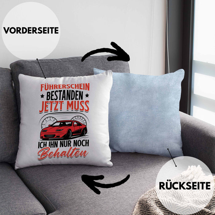 Führerschein Bestanden Kissen mit Füllung 40x40 Geschenk Bestandende Führerscheinprüfung Geschenkidee Jetzt Muss Ich Ihn Nur Noch Behalten (Grau) Blau Trendation