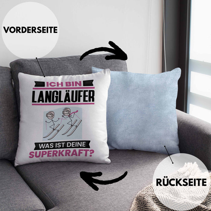 Langläufer Kissen mit Füllung 40x40 Geschenk für Langläufer Geburtstag Lustiger Spruch Was Ist Deine Superkraft (Grau) Blau Trendation