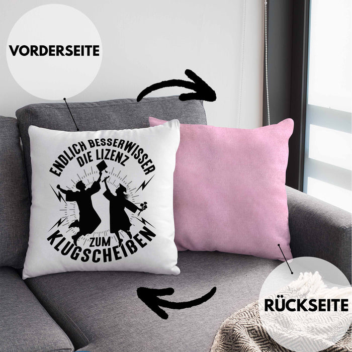 Bachelor Kissen mit Füllung 40x40 Master Studium Endlich Besserwisser Geschenk (Grau) Rosa Trendation