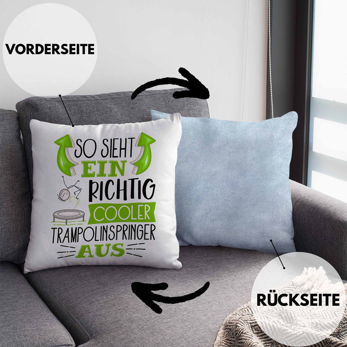 Trampolinspringer Kissen mit Füllung 40x40 Geschenk So Sieht Ein Richtig Cooler Trampolinspringer Aus Geschenkidee Spruch Lustig (Grau) Blau Trendation