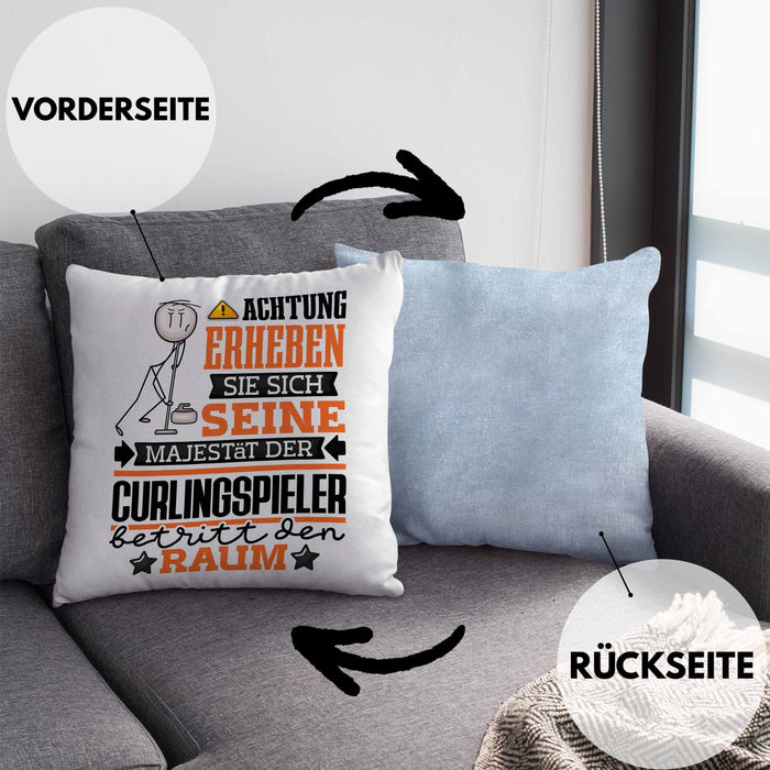 Curlingspieler Geschenk Kissen mit Füllung 40x40 Lustiger Spruch Erheben Sie Sich Der Curlingspieler Betritt den Raum (Grau) Blau Trendation