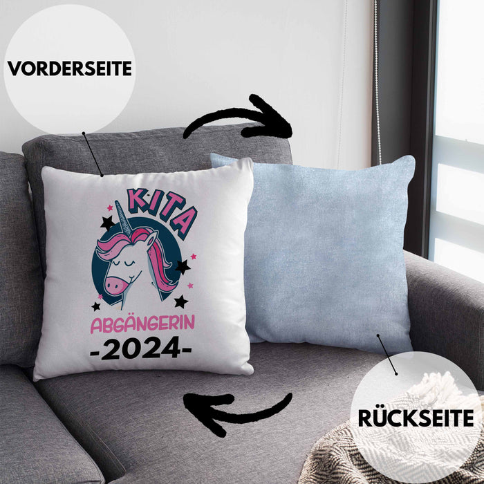 Kita Abgängerin 2024 Schulstart Kissen mit Füllung 40x40 Geschenk Mädchen Einschulung Schulanfang Erster Schultag Idee (Grau) Blau Trendation