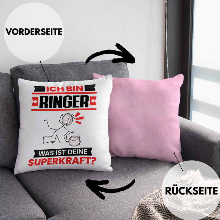 Ringer Kissen mit Füllung 40x40 Geschenk für Ringer Geburtstag Lustiger Spruch Was Ist Deine Superkraft (Grau) Rosa Trendation