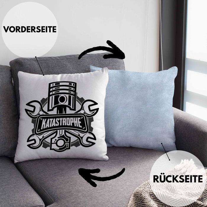 KFZ Mechaniker Kissen mit Füllung 40x40 Geschenk Spruch Männer KFZ Mechatroniker Geschenkidee Werkstatt Katastrophe (Grau) Blau Trendation