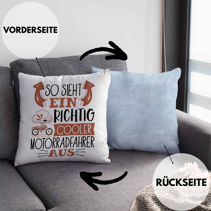 Motorradfahrer Kissen mit Füllung 40x40 Geschenk So Sieht Ein RIchtig Cooler Motorradfahrer Aus Geschenkidee Lustiger Spruch Geburtstag (Grau) Blau Trendation
