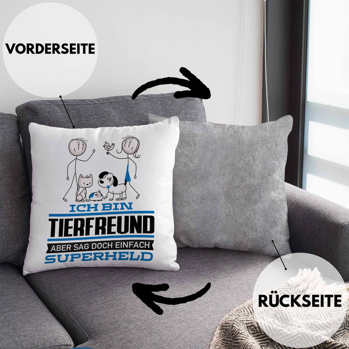 Tierfreund Geschenk Kissen mit Füllung 40x40 Ich Bin Tierfreund Aber Sag Doch Einfach Superheld Lustige Geschenkdiee für Tierfreund (Grau) Grau Trendation