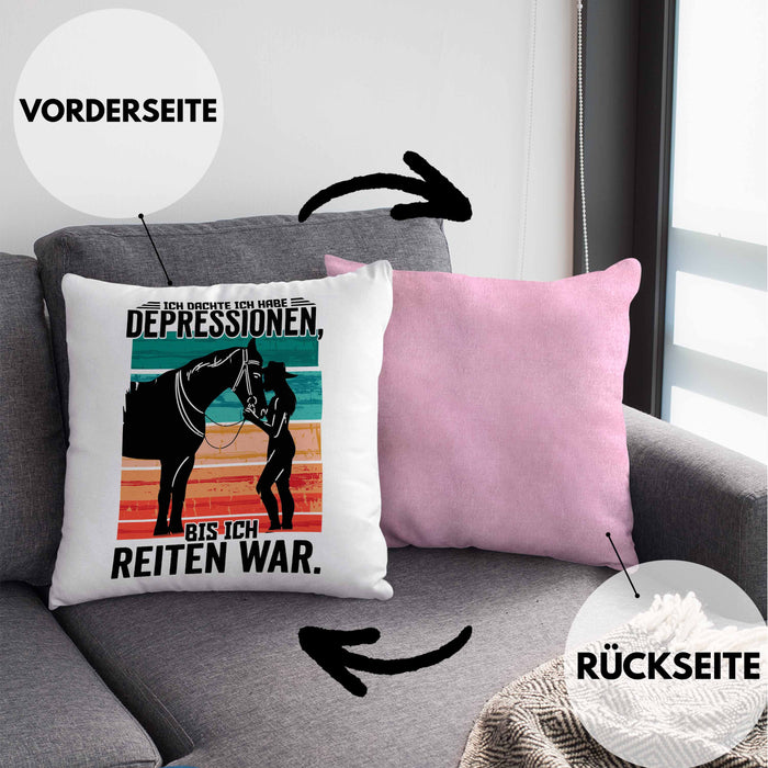 Reiterin Geschenk Kissen mit Füllung 40x40 Spruch Ich Dachte Ich Habe Depressionen Bis Ich Reiten War Geschenkidee (Grau) Rosa Trendation