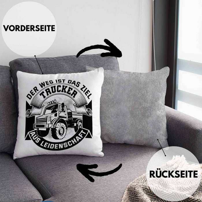 Trucker Geschenk Kissen mit Füllung 40x40 Der Weg Ist Das Ziel Trucker LKW Fahrer Geschenkidee (Grau) Grau Trendation
