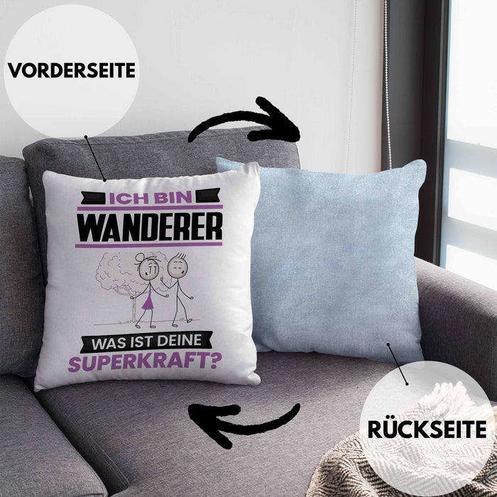 Wandern Kissen mit Füllung 40x40 Geschenk für Wandern Geburtstag Lustiger Spruch Was Ist Deine Superkraft (Grau) Blau Trendation