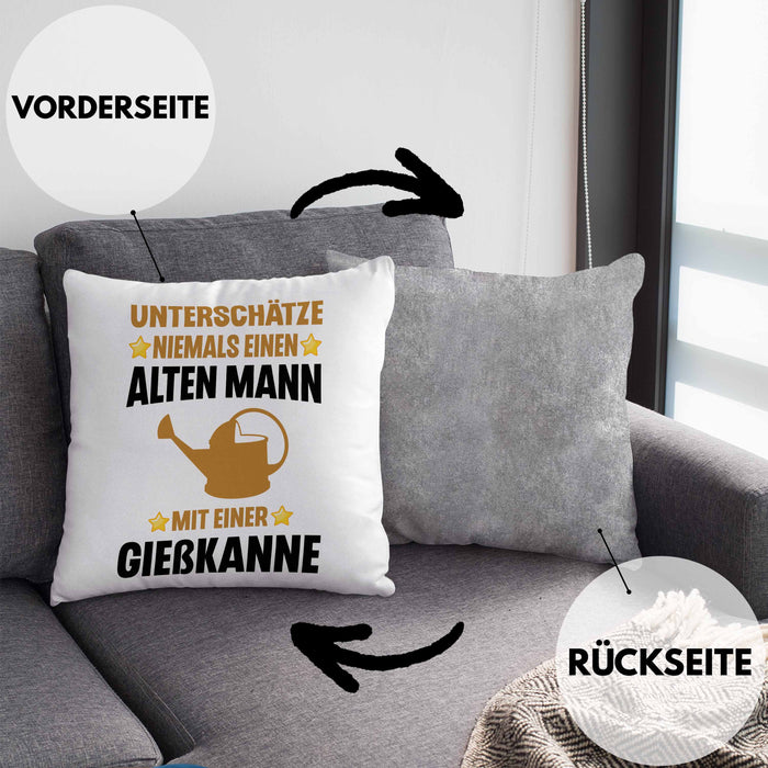 Alter Mann Gärtner Kissen mit Füllung 40x40 mit Spruch Garten Hobbygärtner Geschenk Lustig (Grau) Grau Trendation