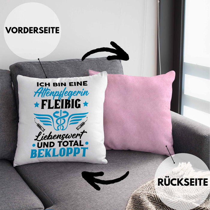 Altenpflegerin Kissen mit Füllung 40x40 Geschenk Altenpflege Geschenkidee Liebenswert und Total Bekloppt Altenheim (Grau) Rosa Trendation