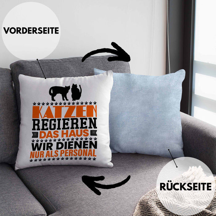 Katze Kissen mit Füllung 40x40 Geschenk Spruch Geschenkidee für Katzen-Mama Papa Katzenliebhaber Katzen Regieren Das Haus Wir Dienen Nur Als Personal (Grau) Blau Trendation