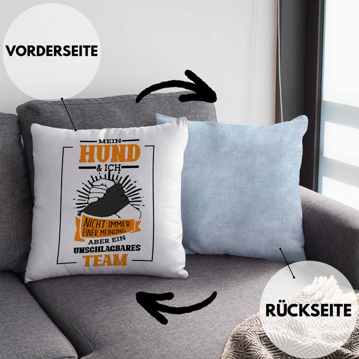 Lustige HundeKissen mit Füllung 40x40 Geschenk für Hundebesitzer zum Geburtstag Unschlagbares Team (Grau) Blau Trendation