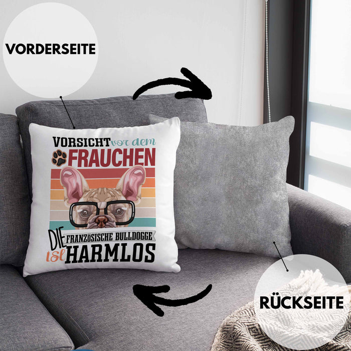 Französische Bulldogge Besitzerin Frauchen Kissen mit Füllung 40x40 Geschenk Lustiger Spruch Geschenkidee Vorsicht Vor Dem Frauchen (Grau) Grau Trendation