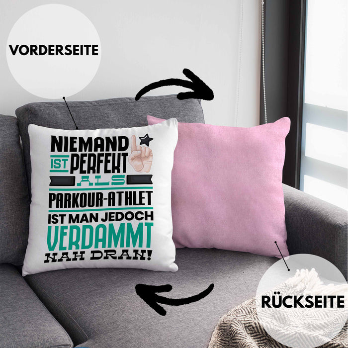 Parkour-Athlet Geschenk Kissen mit Füllung 40x40 Lustige Geschenkidee für Parkour-Athlet Geburtstag Niemand Ist Perfekt Aber Als Parkour-Athlet Ist Man Nah Dran (Grau) Rosa Trendation