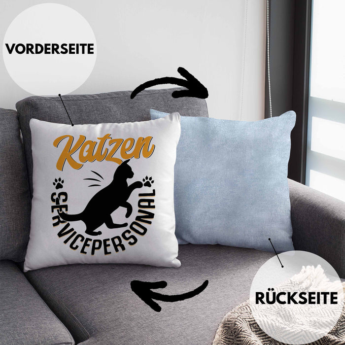 Katzen Geschenk Kissen mit Füllung 40x40 Katzen-Besitzerin Kaffee Katzen Servicepersonal Geschenkidee (Grau) Blau Trendation