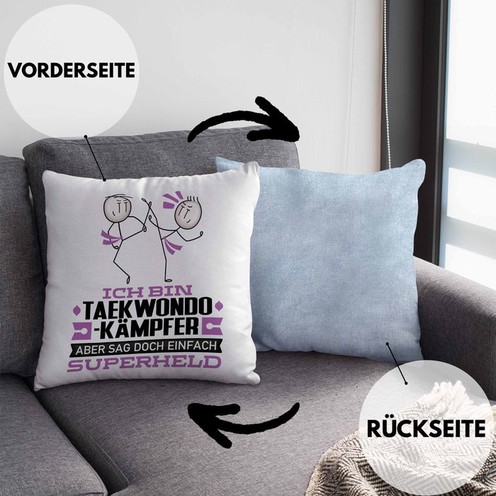Taekwondo-Kämpfer Geschenk Kissen mit Füllung 40x40 Ich Bin Taekwondo-Kämpfer Aber Sag Doch Einfach Superheld Lustige Geschenkdiee für Taekwondo-Kämpfer (Grau) Blau Trendation