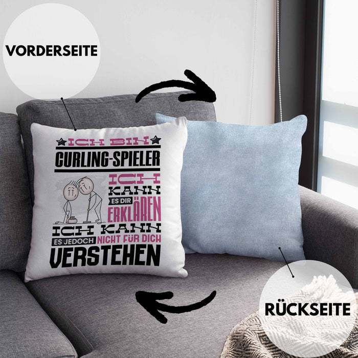 Curling-Spieler Geschenk Kaffee-Kissen mit Füllung 40x40 Geschenkidee für Curling-Spieler Ich Bin Curling-Spieler Ich Kann Es Dir Erklären Jedoch Nicht Für Dich Verstehen Spruch Lustig (Grau) Blau Trendation