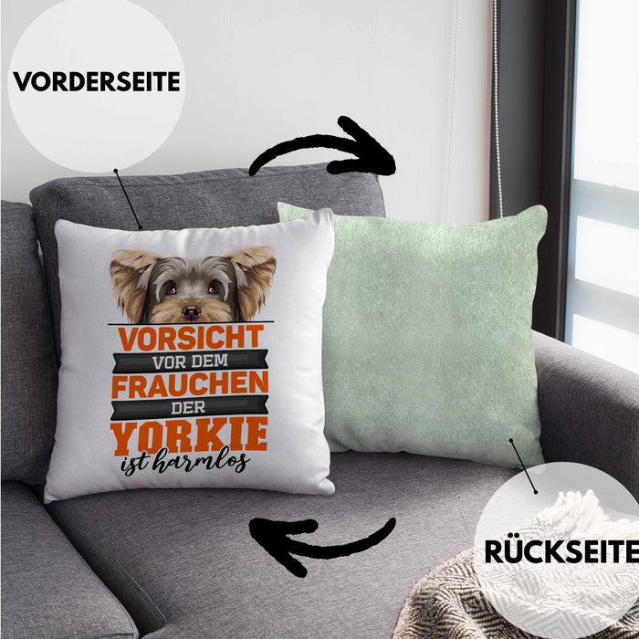 Yorkie-Besitzer Geschenk Kissen mit Füllung 40x40 Hund Yorkie Liebhaber Geschenkidee Vorsicht Vor Dem Frauchen Der Yorkie Ist Harmlos (Grau) Grün Trendation