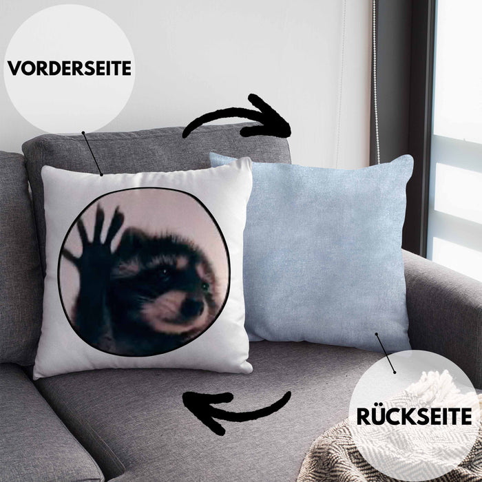 Waschbär Meme Kissen mit Füllung 40x40 Geschenk Lustiger Waschbär (Grau) Blau Trendation