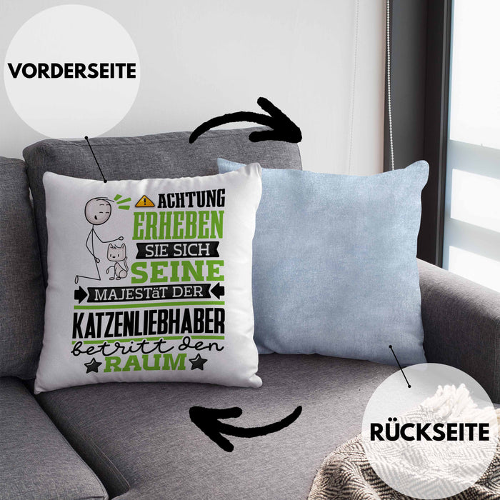 Katzenliebhaber Geschenk Kissen mit Füllung 40x40 Lustiger Spruch Erheben Sie Sich Der Katzenliebhaber Betritt den Raum (Grau) Blau Trendation