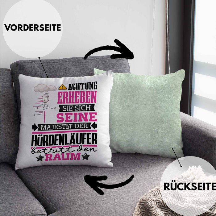 Hürdenläufer Geschenk Kissen mit Füllung 40x40 Lustiger Spruch Erheben Sie Sich Der Hürdenläufer Betritt den Raum (Grau) Grün Trendation