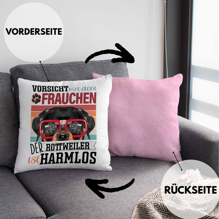 Rottweiler Besitzerin Frauchen Kissen mit Füllung 40x40 Geschenk Lustiger Spruch Geschenkidee Vorsicht Vor Dem Frauchen (Grau) Rosa Trendation