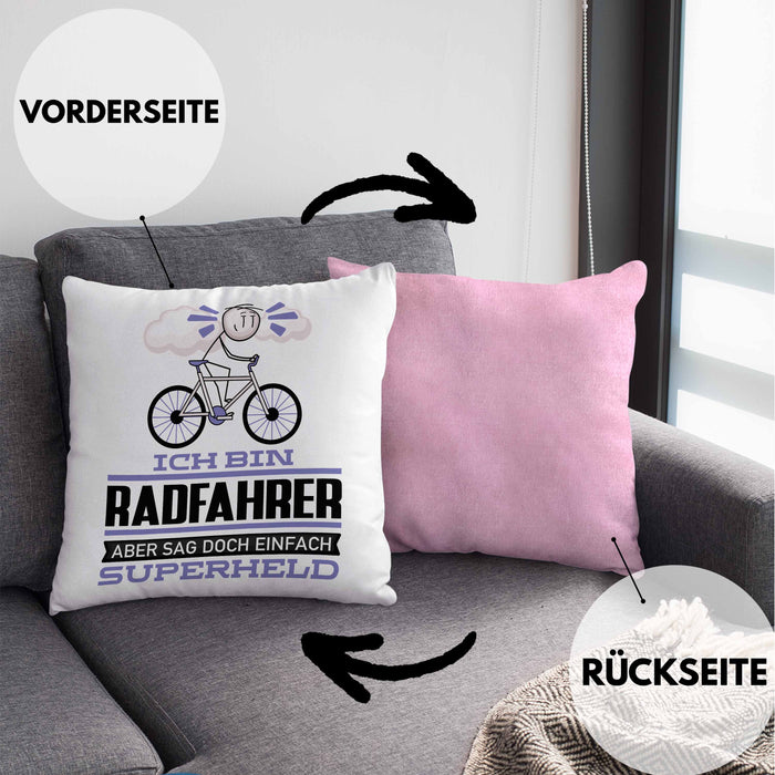 Radfahrer Geschenk Kissen mit Füllung 40x40 Ich Bin Radfahrer Aber Sag Doch Einfach Superheld Lustige Geschenkdiee für Radfahrer (Grau) Rosa Trendation