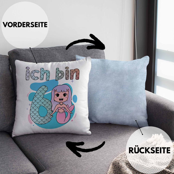 6. Geburtstag Mädchen Geschenk Meerjungfrau Geschenk Kissen mit Füllung 40x40 für Mädchen Nymphe Nixe Grafik (Grau) Blau Trendation