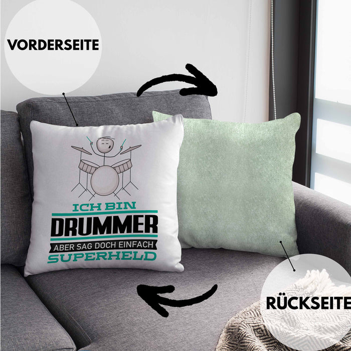 Drummer Geschenk Kissen mit Füllung 40x40 Ich Bin Drummer Aber Sag Doch Einfach Superheld Lustige Geschenkdiee für Drummer (Grau) Grün Trendation