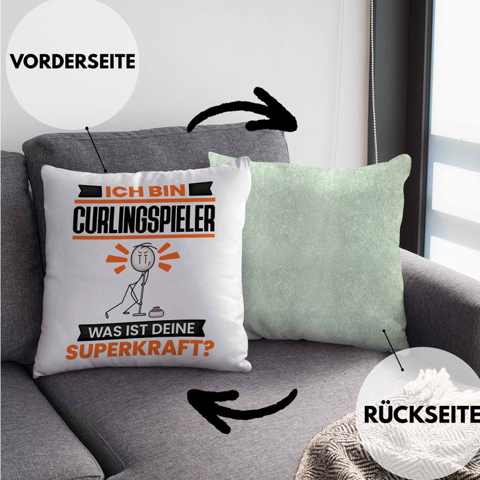 Curlingspieler Kissen mit Füllung 40x40 Geschenk für Curlingspieler Geburtstag Lustiger Spruch Was Ist Deine Superkraft (Grau) Grün Trendation