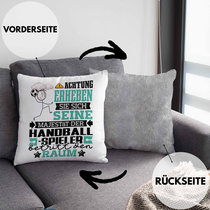 Handballspieler Geschenk Kissen mit Füllung 40x40 Lustiger Spruch Erheben Sie Sich Der Handballspieler Betritt den Raum (Grau) Grau Trendation