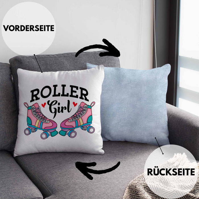 Rollschuh Kissen mit Füllung 40x40 Geschenk für Roller Girls "Roller Girl" Nostalgie 80er 90er Jahre (Grau) Blau Trendation