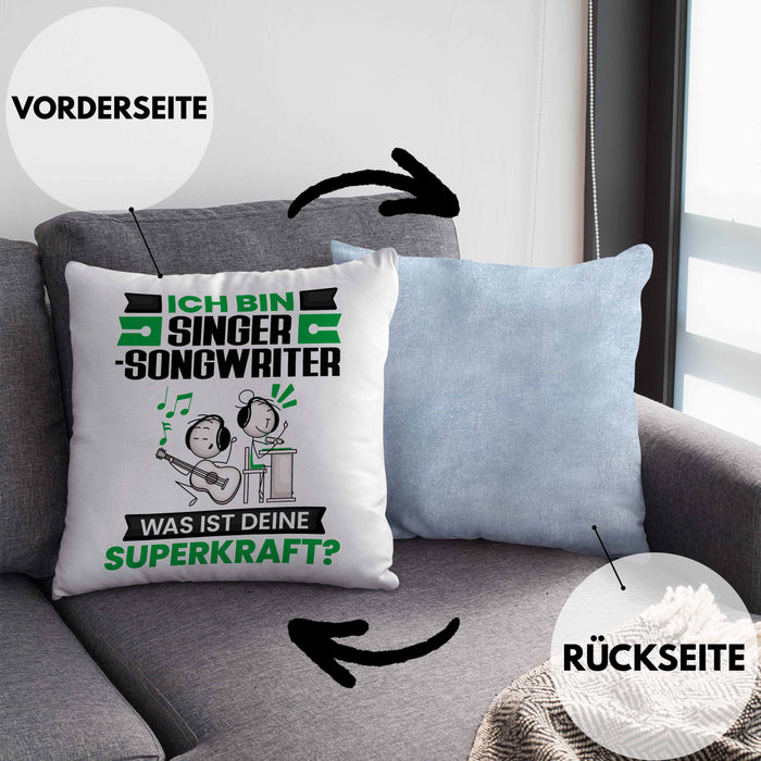 Singer-Songwriter Kissen mit Füllung 40x40 Geschenk für Singer-Songwriter Geburtstag Lustiger Spruch Was Ist Deine Superkraft (Grau) Blau Trendation