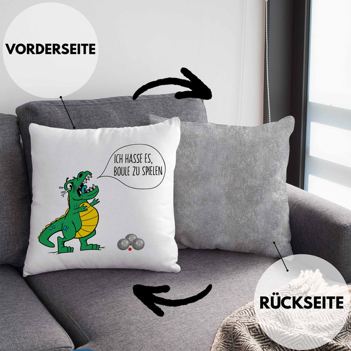 Boule Kissen mit Füllung 40x40 Geschenk Boule-Spieler Geschenkidee Spruch T-Rex Dino Ich Hasse Boule Spielen (Grau) Grau Trendation
