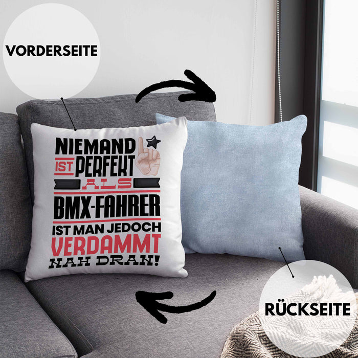 BMX-Fahrer Geschenk Kissen mit Füllung 40x40 Lustige Geschenkidee für BMX-Fahrer Geburtstag Niemand Ist Perfekt Aber Als BMX-Fahrer Ist Man Nah Dran (Grau) Blau Trendation