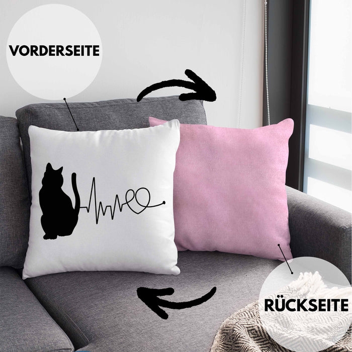 Katze Herzschlag Kissen mit Füllung 40x40 Geschenk für Katzenbesitzerin (Grau) Rosa Trendation