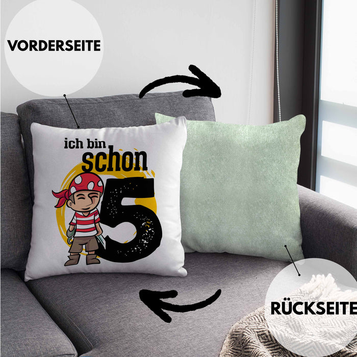 5ter Geburtstag Geschenkidee für Jungs Piraten-Kissen mit Füllung 40x40 zum 5. Geburtstag (Grau) Grün Trendation