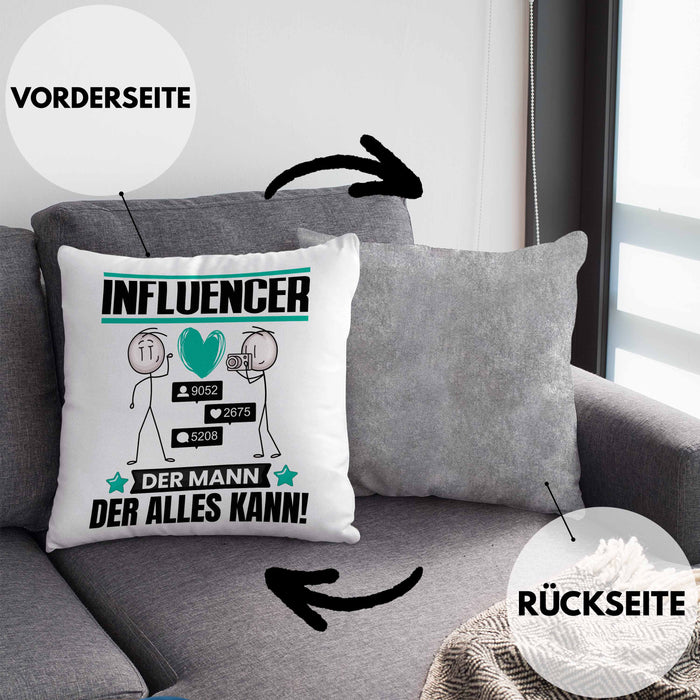 Influencer Kissen mit Füllung 40x40 Geschenk für Influencer Der Mann Der Alles Kann Geschenkidee zum Geburtstag (Grau) Grau Trendation
