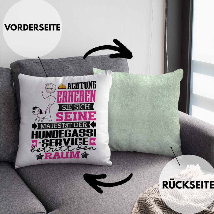 Hundegassi-Service Geschenk Kissen mit Füllung 40x40 Lustiger Spruch Erheben Sie Sich Der Hundegassi-Service Betritt den Raum (Grau) Grün Trendation