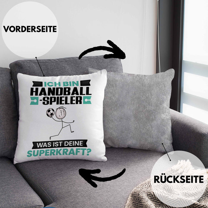 Handballspieler Kissen mit Füllung 40x40 Geschenk für Handballspieler Geburtstag Lustiger Spruch Was Ist Deine Superkraft (Grau) Grau Trendation