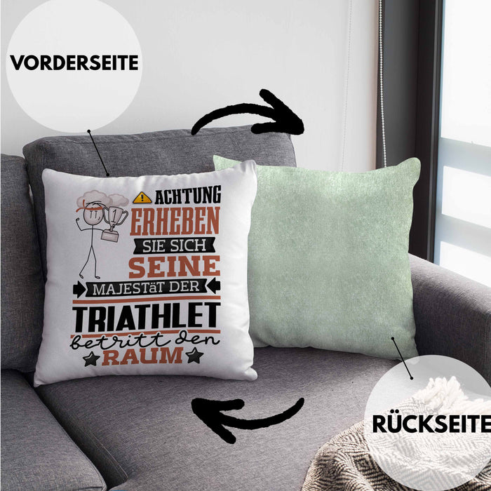 Triathlet Geschenk Kissen mit Füllung 40x40 Lustiger Spruch Erheben Sie Sich Der Triathlet Betritt den Raum (Grau) Grün Trendation
