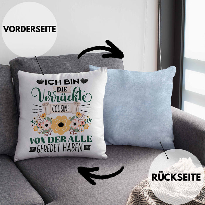 Cousine Kissen mit Füllung 40x40 Geschenk Lustiger Spruch Geschenkidee Ich Bin Die Verrückte Cousine Von Der Alle Geredet Haben (Grau) Blau Trendation