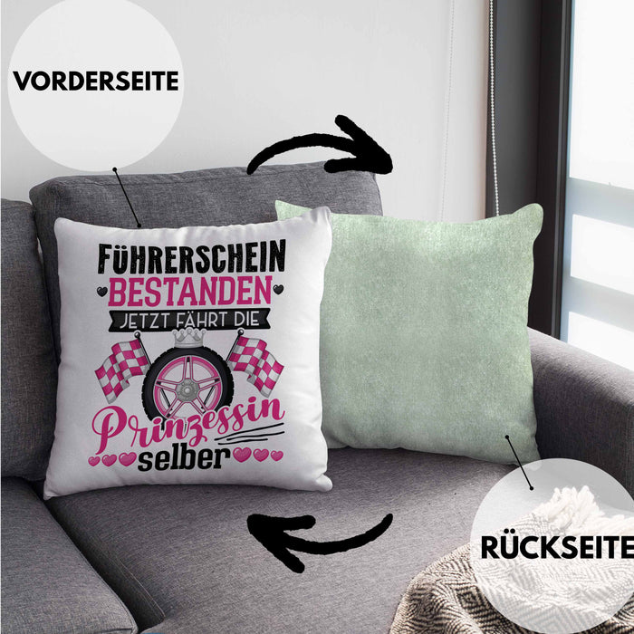 Führerschein Bestanden Geschenk Kissen mit Füllung 40x40 Bestandener Führerschein Jetzt Fährt Die Prinzessin Selber Motorrad Bike Fahrschule (Grau) Grün Trendation