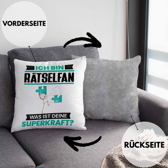 Rätselfan Kissen mit Füllung 40x40 Geschenk für Rätselfan Geburtstag Lustiger Spruch Was Ist Deine Superkraft (Grau) Grau Trendation