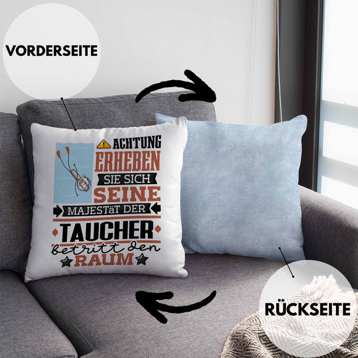 Taucher Geschenk Kissen mit Füllung 40x40 Lustiger Spruch Erheben Sie Sich Der Taucher Betritt den Raum (Grau) Blau Trendation