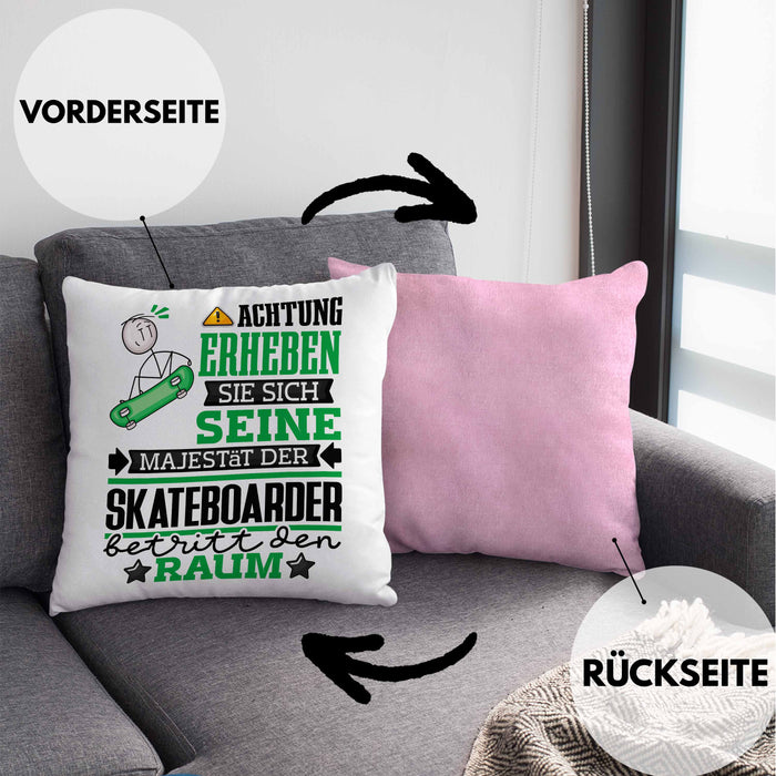 Skateboarder Geschenk Kissen mit Füllung 40x40 Lustiger Spruch Erheben Sie Sich Der Skateboarder Betritt den Raum (Grau) Rosa Trendation