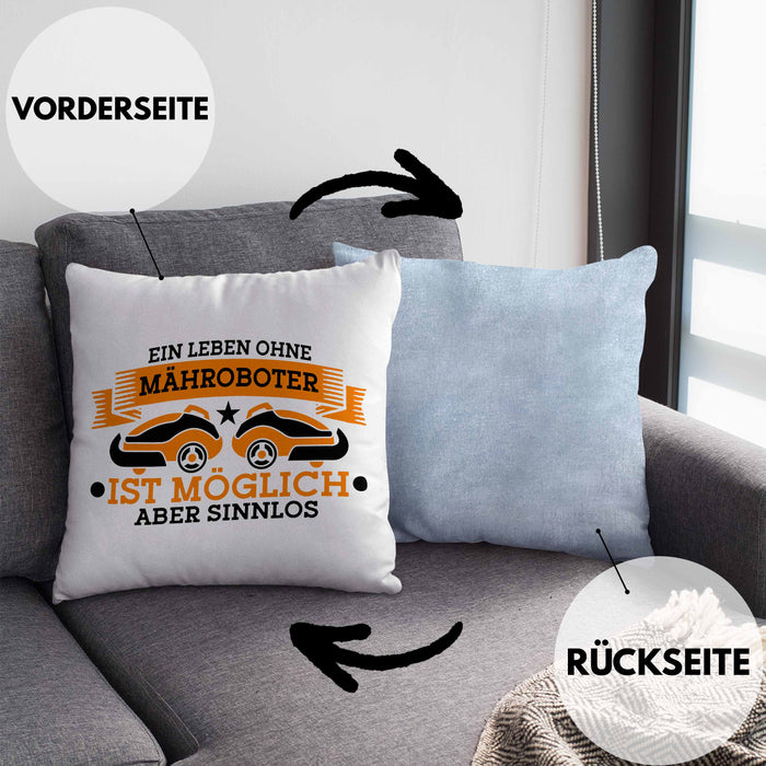 Lustige Kissen mit Füllung 40x40 für Mähroboter-Fans - Geschenkidee für Gartenliebhaber (Grau) Blau Trendation