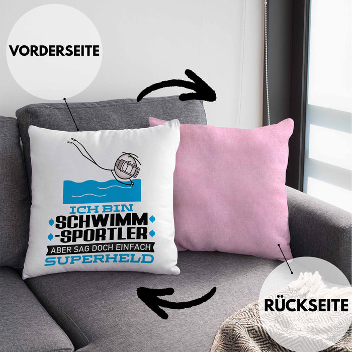 Schwimmsportler Geschenk Kissen mit Füllung 40x40 Ich Bin Schwimmsportler Aber Sag Doch Einfach Superheld Lustige Geschenkdiee für Schwimmsportler (Grau) Rosa Trendation
