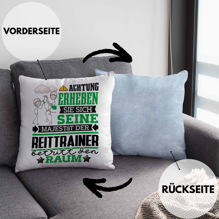 Reittrainer Geschenk Kissen mit Füllung 40x40 Lustiger Spruch Erheben Sie Sich Der Reittrainer Betritt den Raum (Grau) Blau Trendation